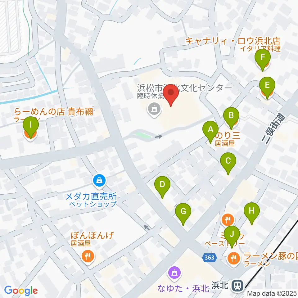 浜松市浜北文化センター周辺のファミレス・ファーストフード一覧地図