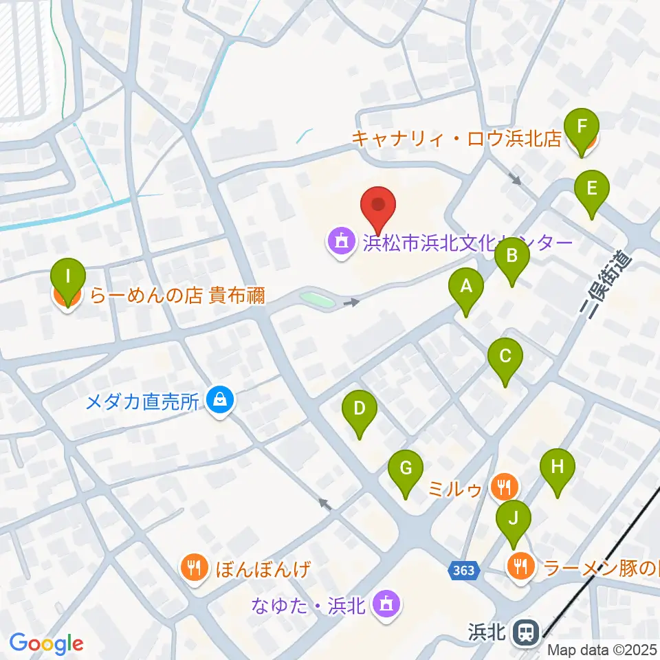 浜松市浜北文化センター周辺のファミレス・ファーストフード一覧地図