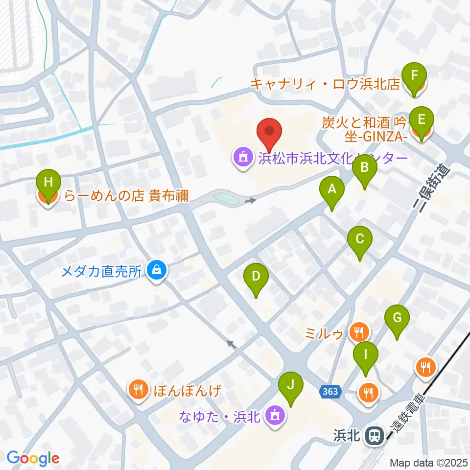 浜松市浜北文化センター周辺のファミレス・ファーストフード一覧地図
