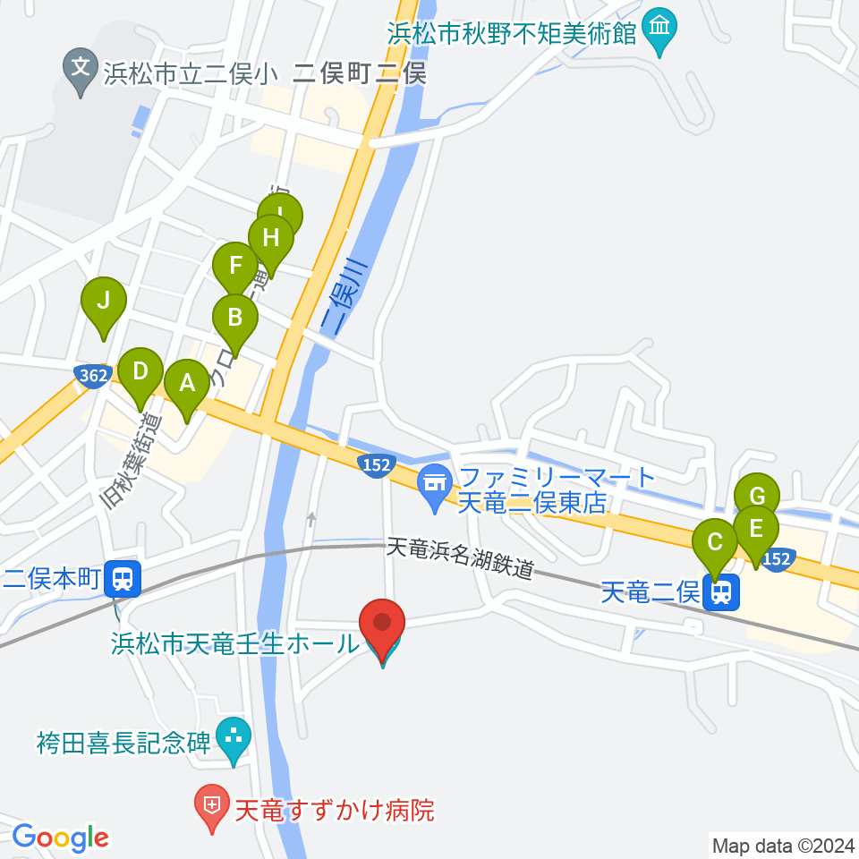 浜松市天竜壬生ホール周辺のファミレス・ファーストフード一覧地図