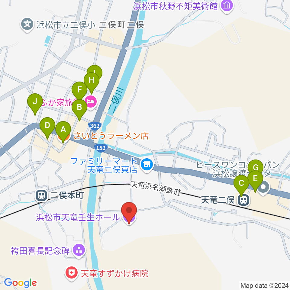 浜松市天竜壬生ホール周辺のファミレス・ファーストフード一覧地図