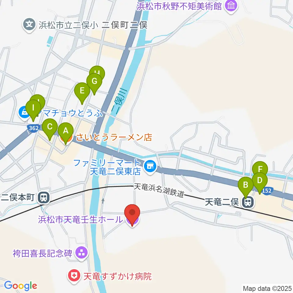 浜松市天竜壬生ホール周辺のファミレス・ファーストフード一覧地図