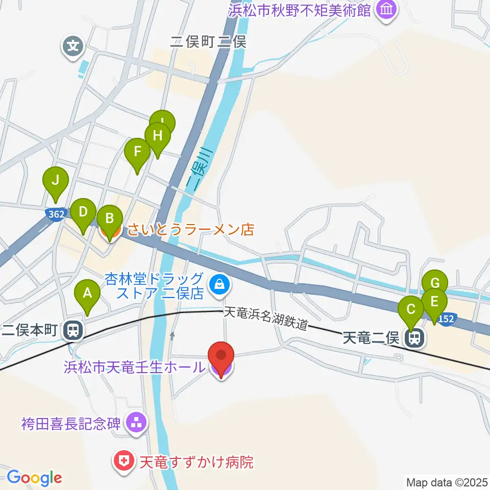 浜松市天竜壬生ホール周辺のファミレス・ファーストフード一覧地図