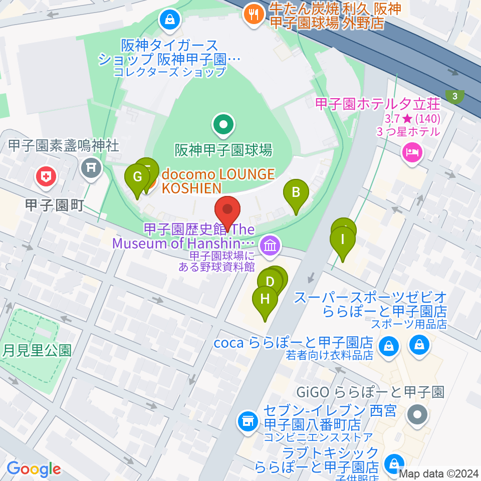 阪神甲子園球場周辺のファミレス・ファーストフード一覧地図