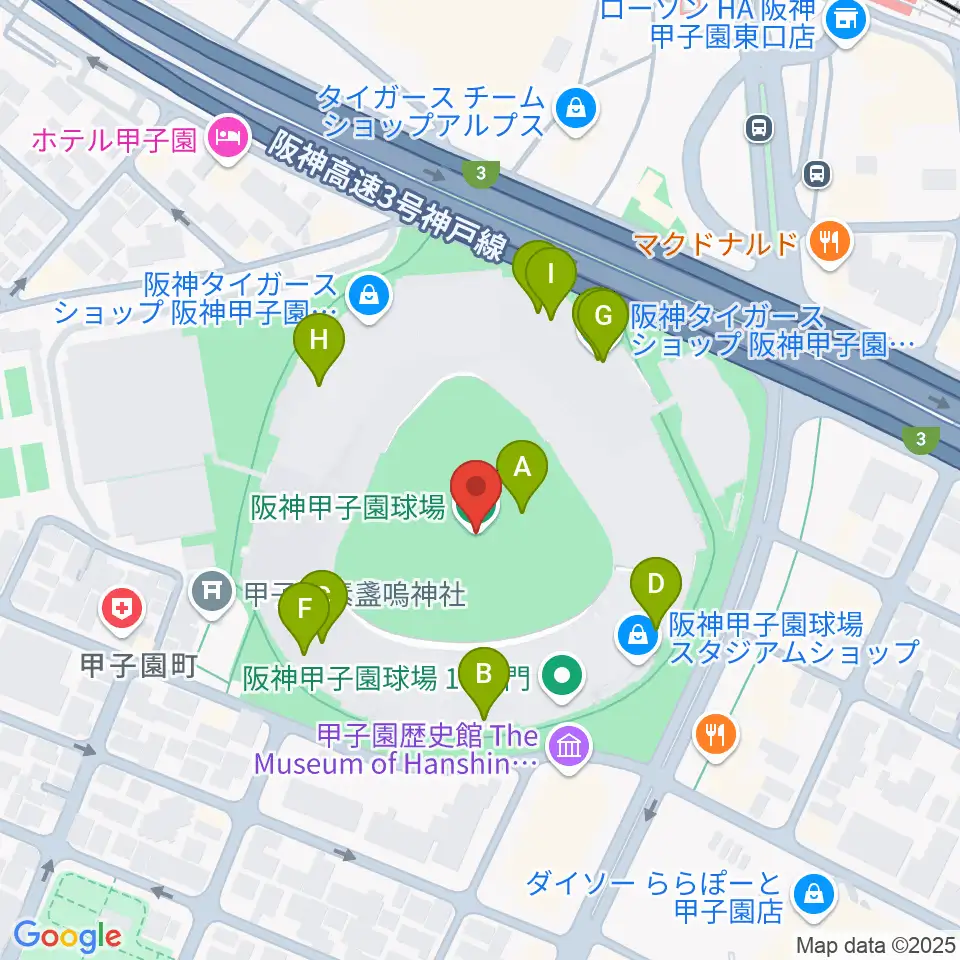 阪神甲子園球場周辺のファミレス・ファーストフード一覧地図