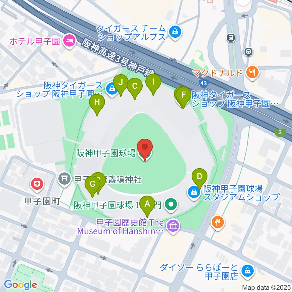 阪神甲子園球場周辺のファミレス・ファーストフード一覧地図