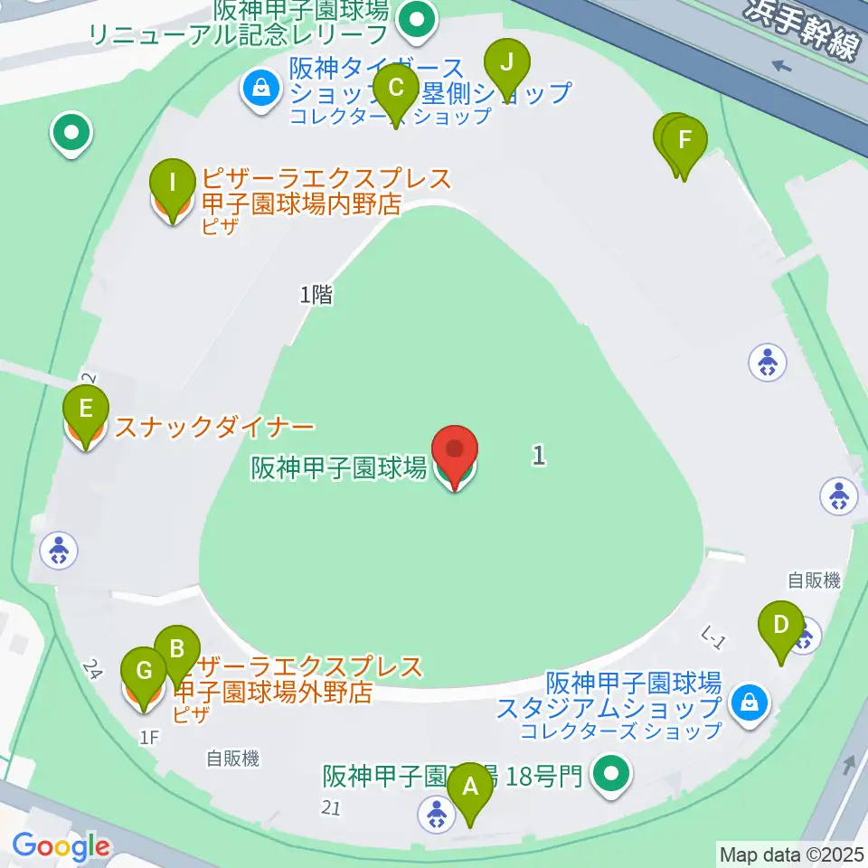 阪神甲子園球場周辺のファミレス・ファーストフード一覧地図