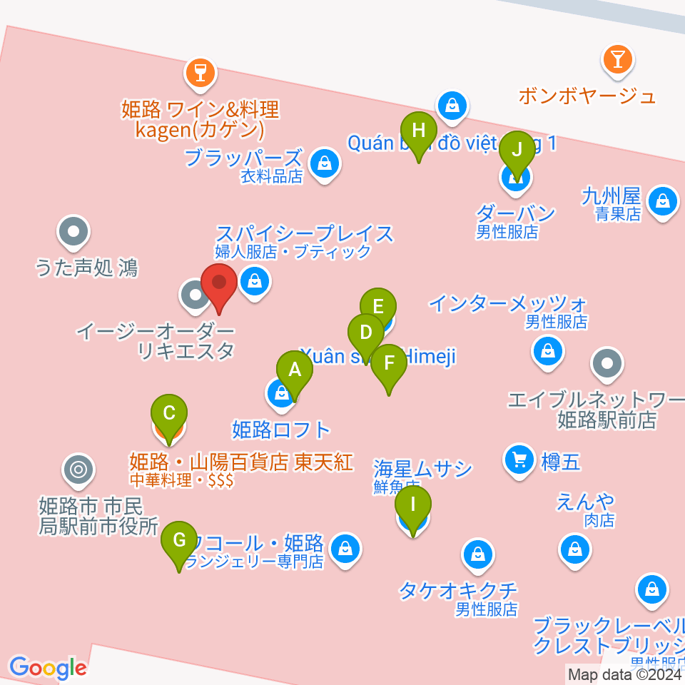 姫路キャスパホール周辺のファミレス・ファーストフード一覧地図