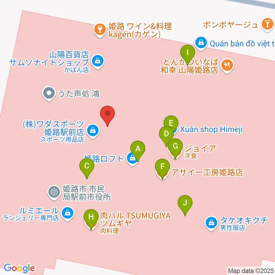 姫路キャスパホール周辺のファミレス・ファーストフード一覧地図