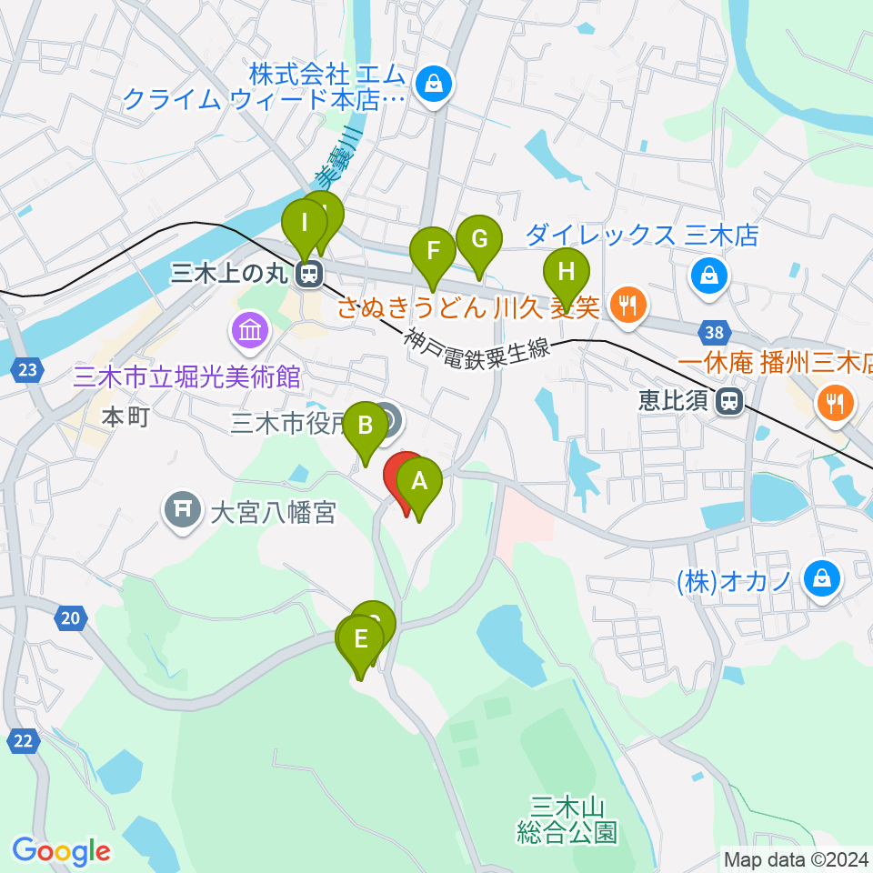 三木市文化会館周辺のファミレス・ファーストフード一覧地図