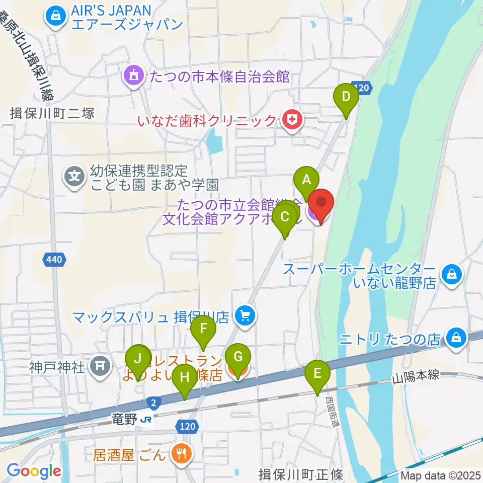 たつの市総合文化会館アクアホール周辺のファミレス・ファーストフード一覧地図