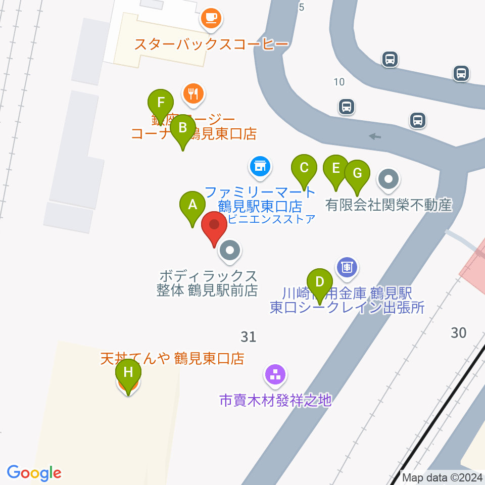 鶴見新堀ギター音楽院周辺のファミレス・ファーストフード一覧地図