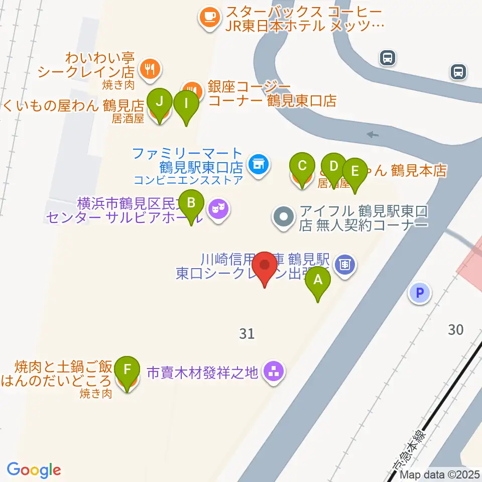 鶴見新堀ギター音楽院周辺のファミレス・ファーストフード一覧地図