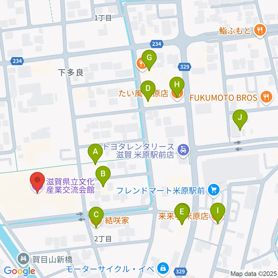 滋賀県立文化産業交流会館周辺のファミレス・ファーストフード一覧地図