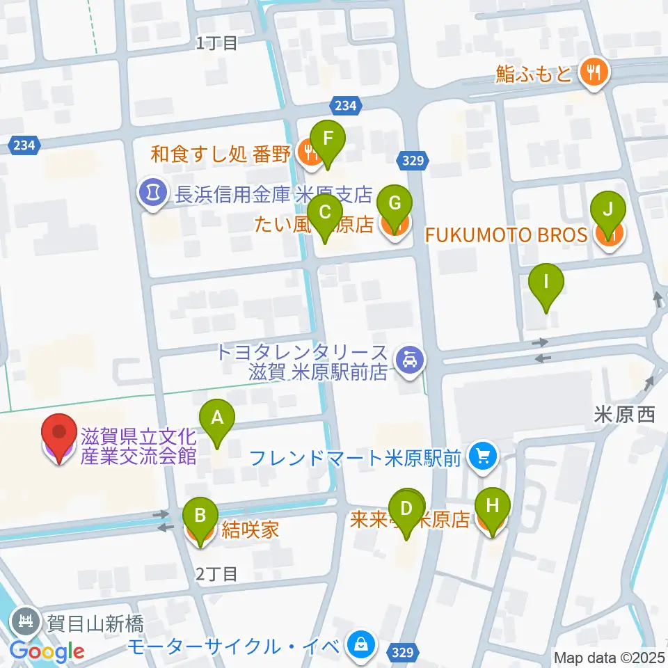 滋賀県立文化産業交流会館周辺のファミレス・ファーストフード一覧地図