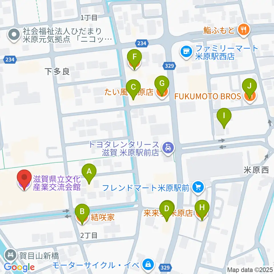 滋賀県立文化産業交流会館周辺のファミレス・ファーストフード一覧地図