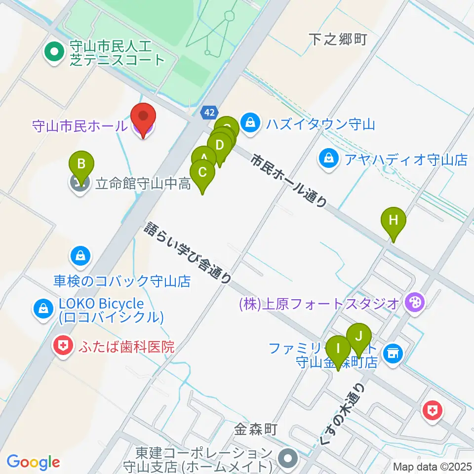 守山市民ホール周辺のファミレス・ファーストフード一覧地図