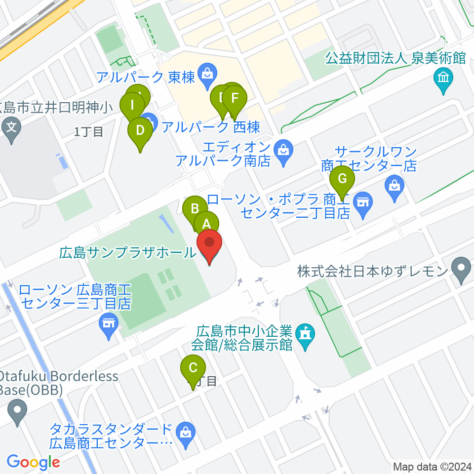 広島サンプラザホール周辺のファミレス・ファーストフード一覧地図