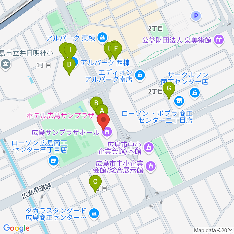 広島サンプラザホール周辺のファミレス・ファーストフード一覧地図