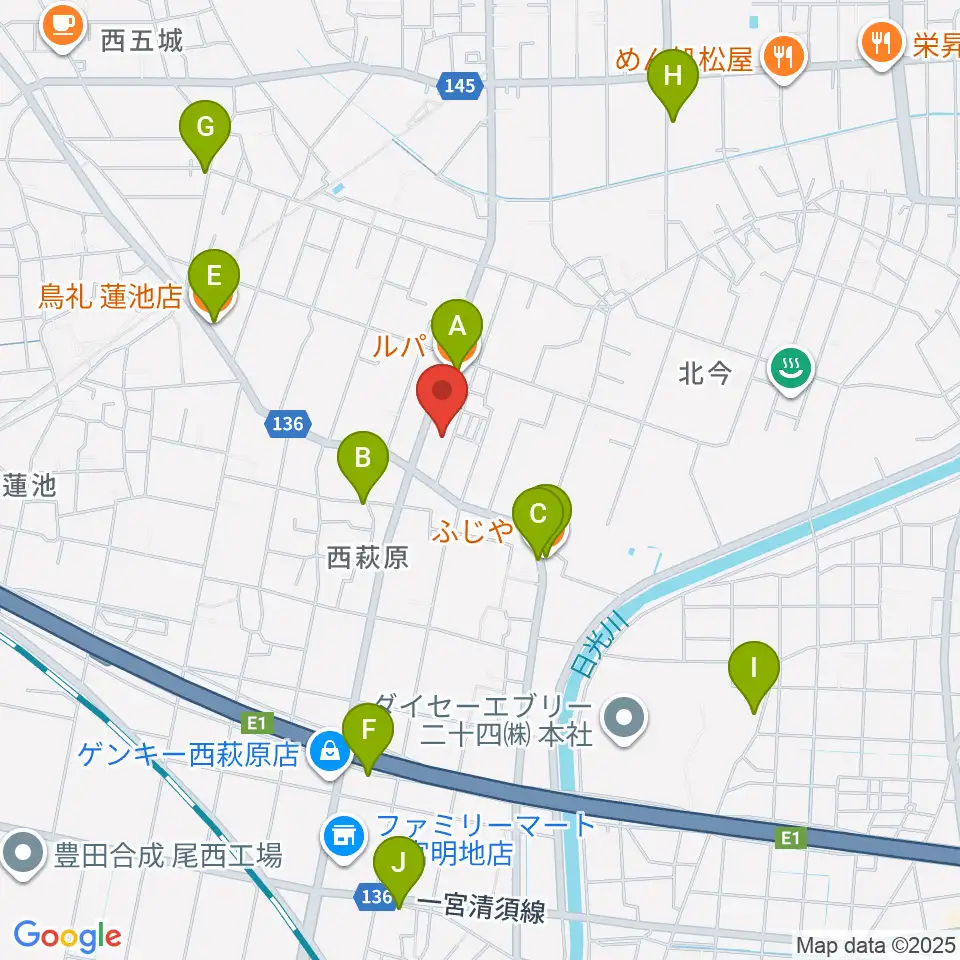 ピアノの楽園周辺のファミレス・ファーストフード一覧地図