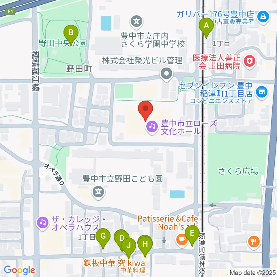 豊中市立ローズ文化ホール周辺のファミレス・ファーストフード一覧地図
