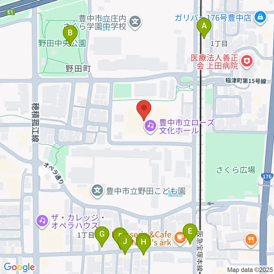 豊中市立ローズ文化ホール周辺のファミレス・ファーストフード一覧地図