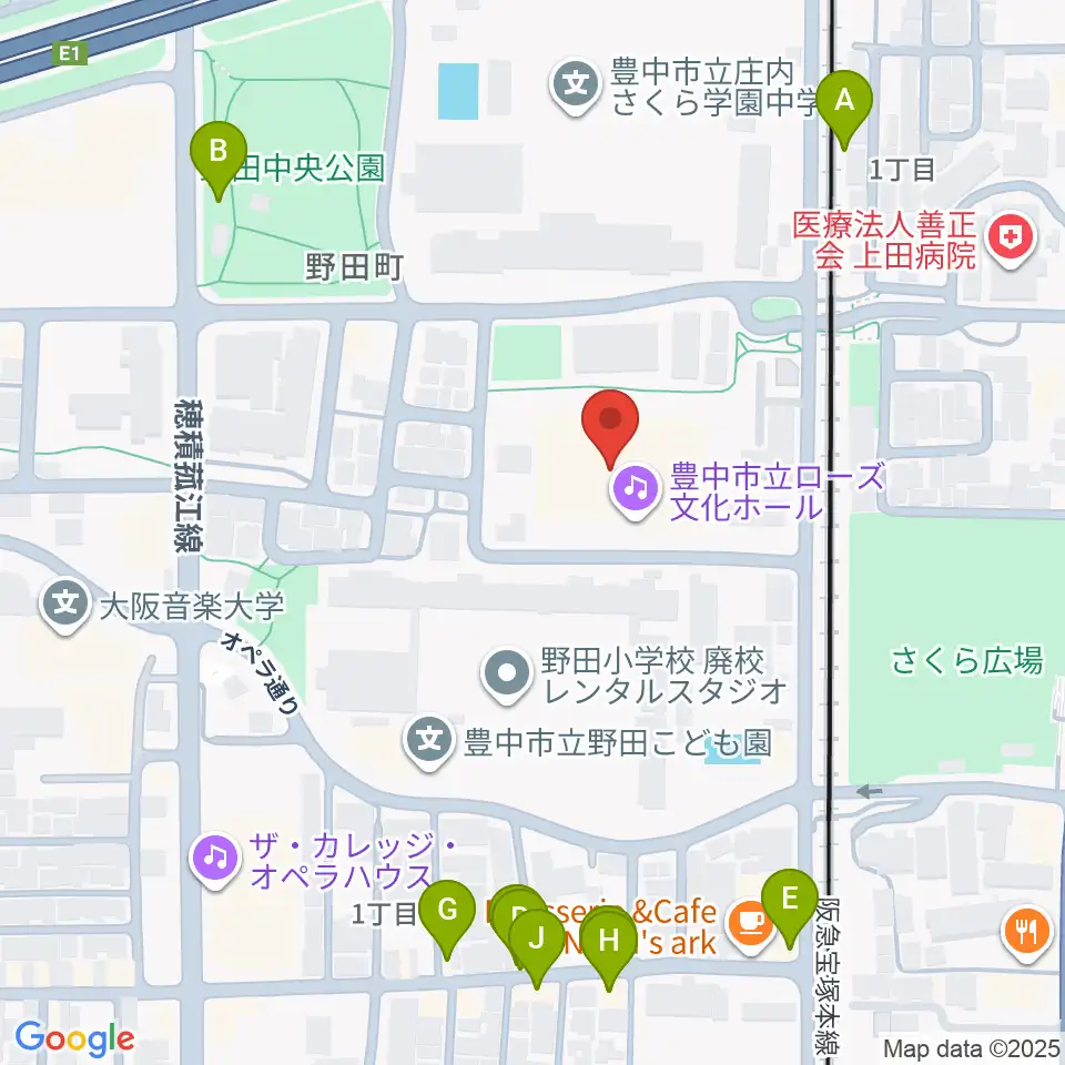 豊中市立ローズ文化ホール周辺のファミレス・ファーストフード一覧地図