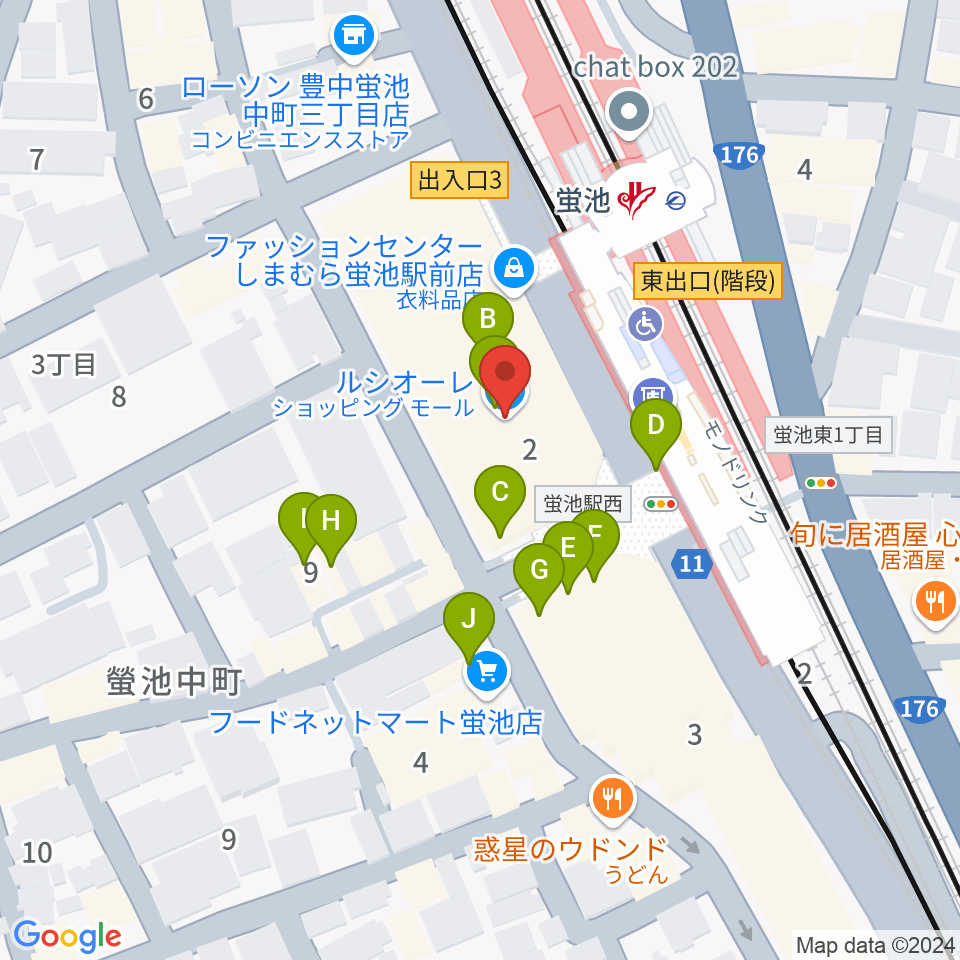 蛍池公民館周辺のファミレス・ファーストフード一覧地図