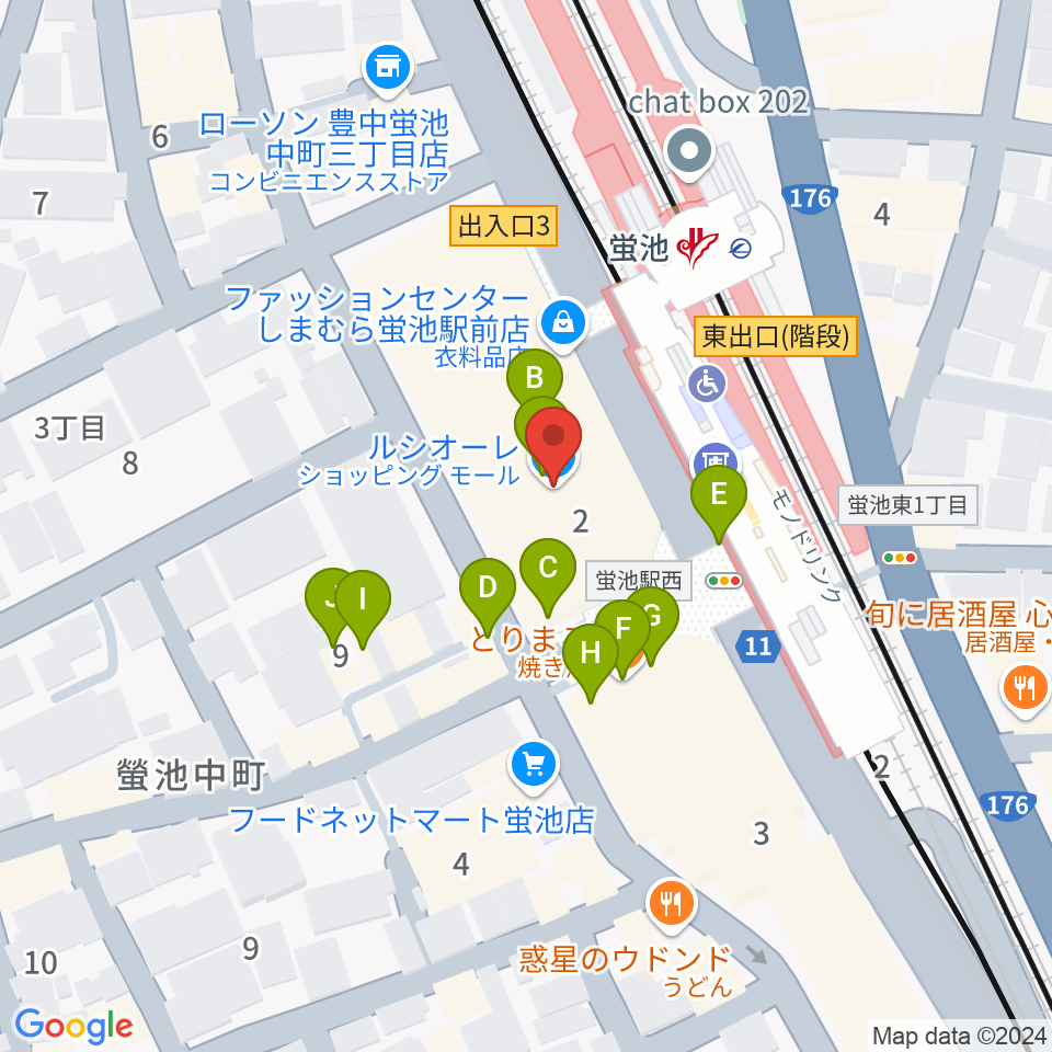 蛍池公民館周辺のファミレス・ファーストフード一覧地図