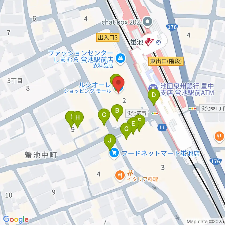 蛍池公民館周辺のファミレス・ファーストフード一覧地図