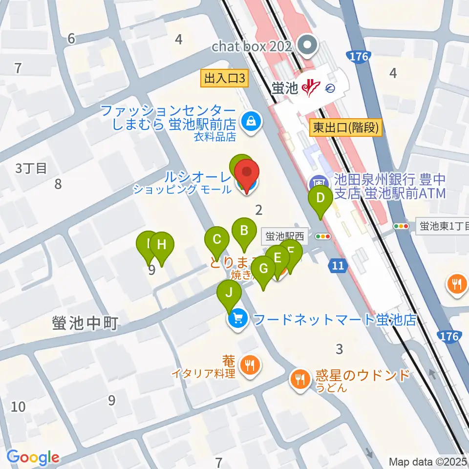 蛍池公民館周辺のファミレス・ファーストフード一覧地図