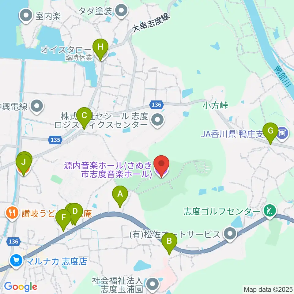 源内音楽ホール周辺のファミレス・ファーストフード一覧地図