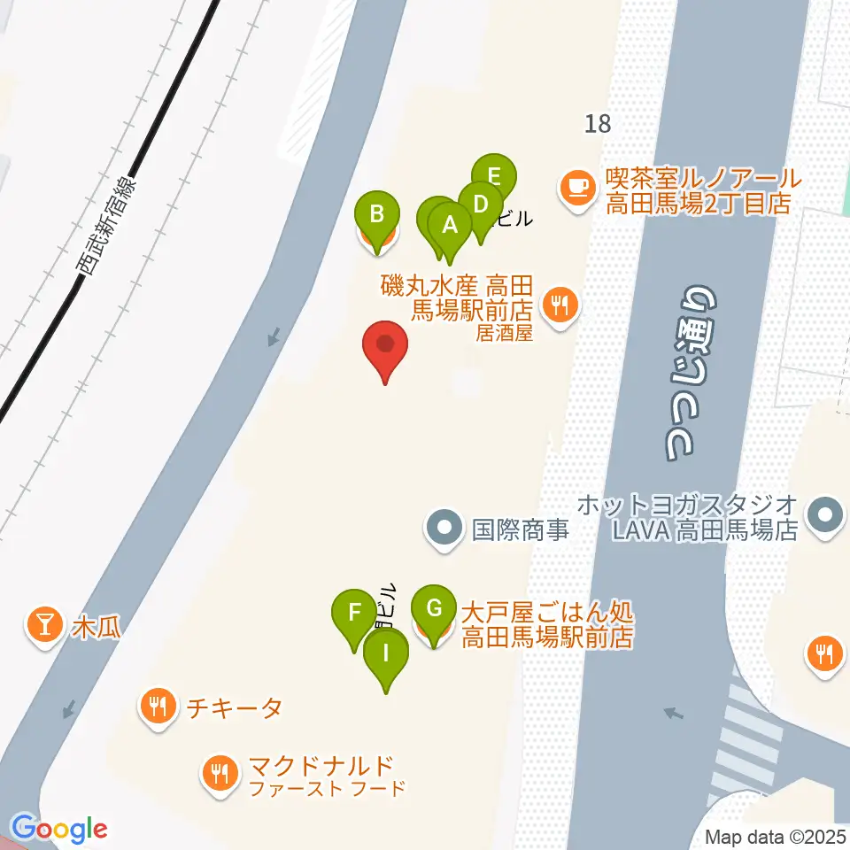 高田馬場LiveCafe mono周辺のファミレス・ファーストフード一覧地図