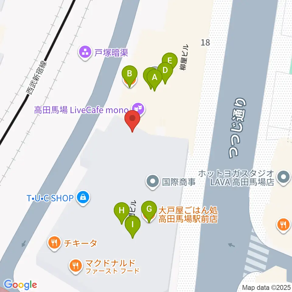 高田馬場LiveCafe mono周辺のファミレス・ファーストフード一覧地図