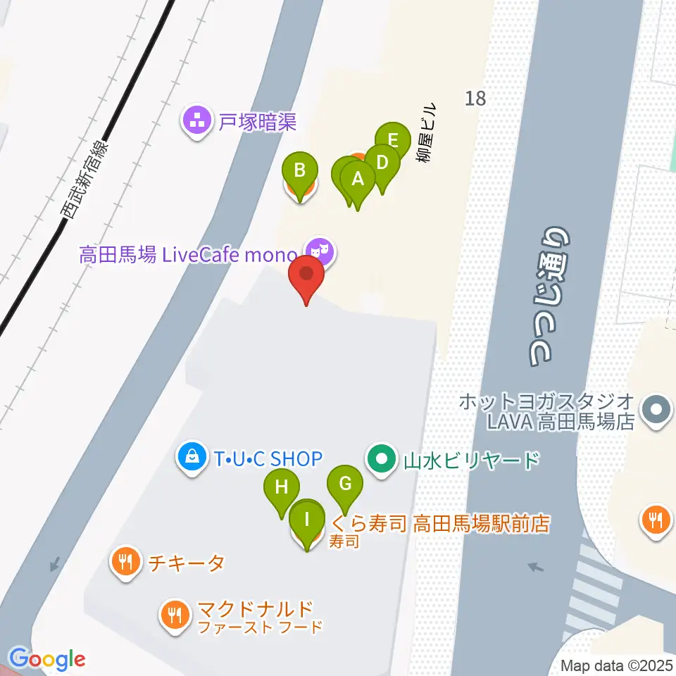 高田馬場LiveCafe mono周辺のファミレス・ファーストフード一覧地図
