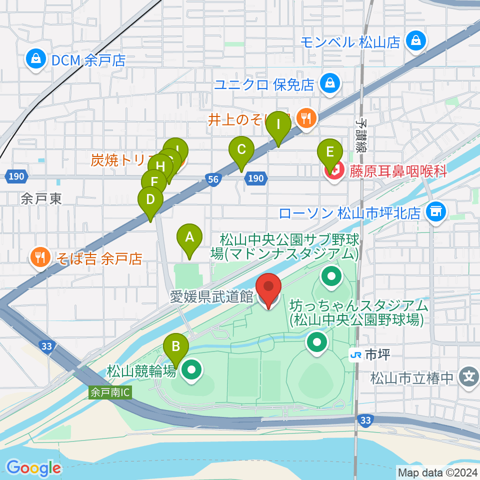 愛媛県武道館周辺のファミレス・ファーストフード一覧地図