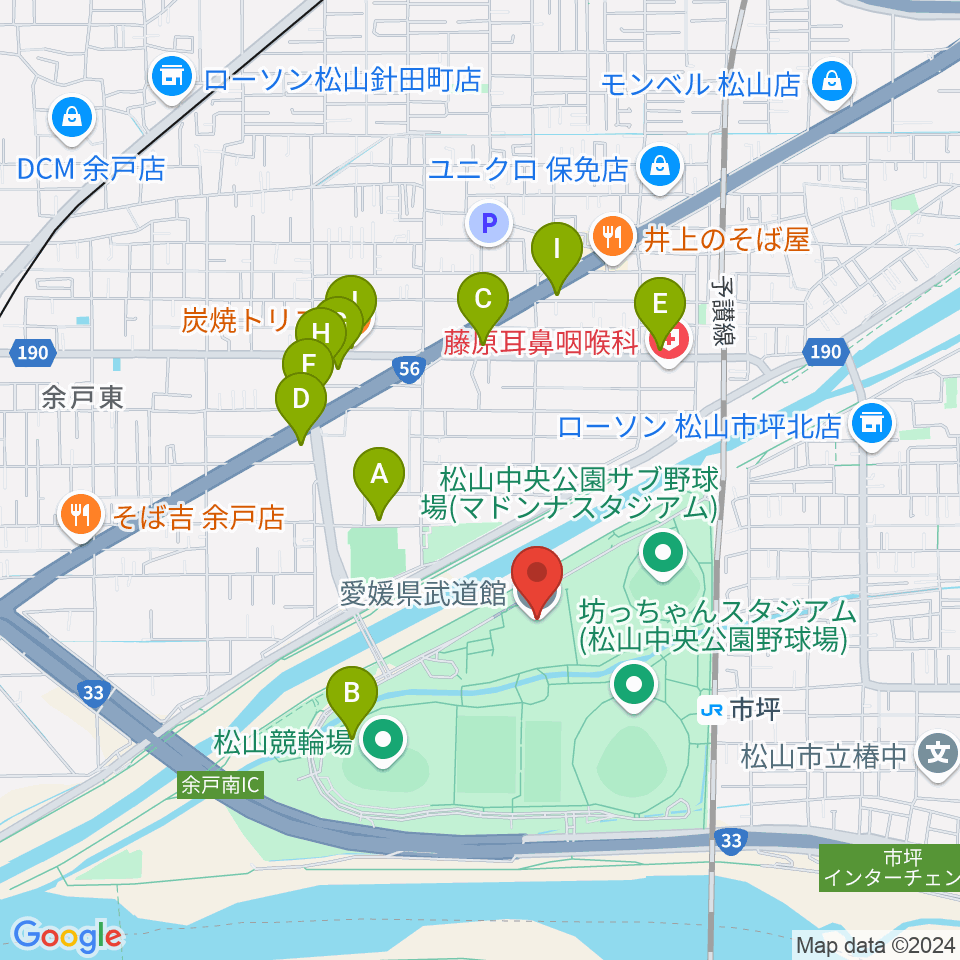 愛媛県武道館周辺のファミレス・ファーストフード一覧地図