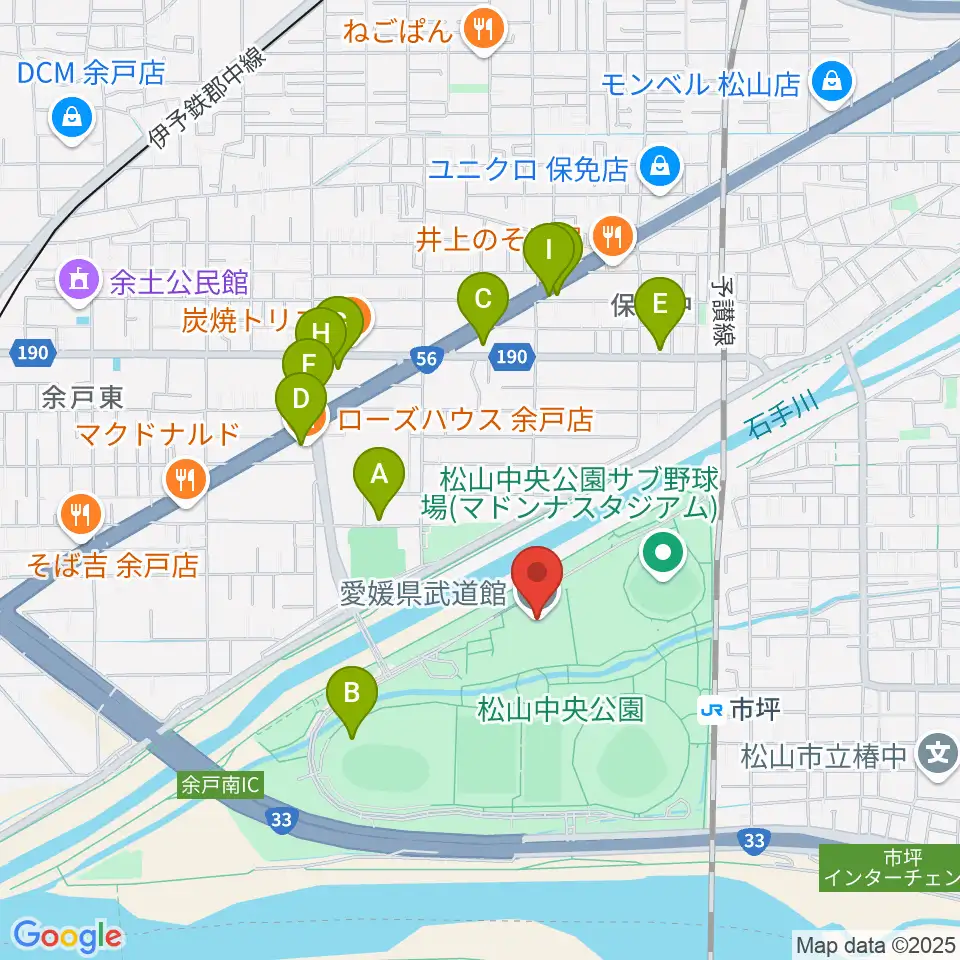 愛媛県武道館周辺のファミレス・ファーストフード一覧地図