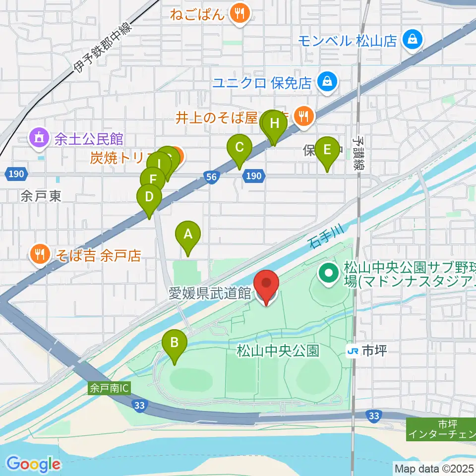 愛媛県武道館周辺のファミレス・ファーストフード一覧地図