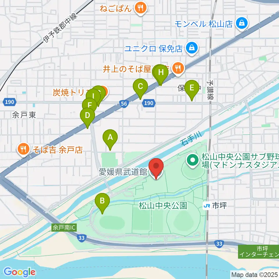 愛媛県武道館周辺のファミレス・ファーストフード一覧地図