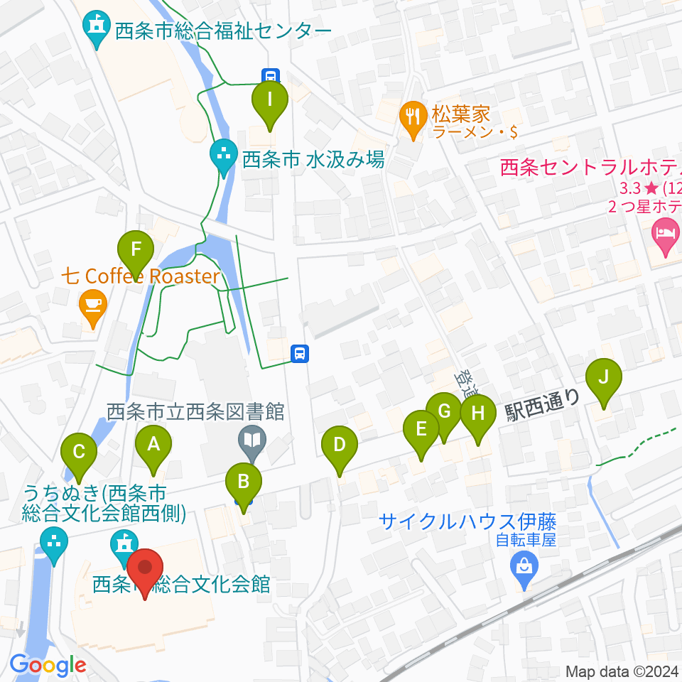 西条市総合文化会館周辺のファミレス・ファーストフード一覧地図