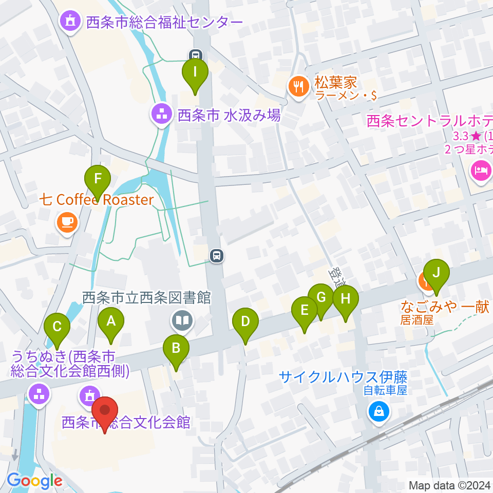 西条市総合文化会館周辺のファミレス・ファーストフード一覧地図