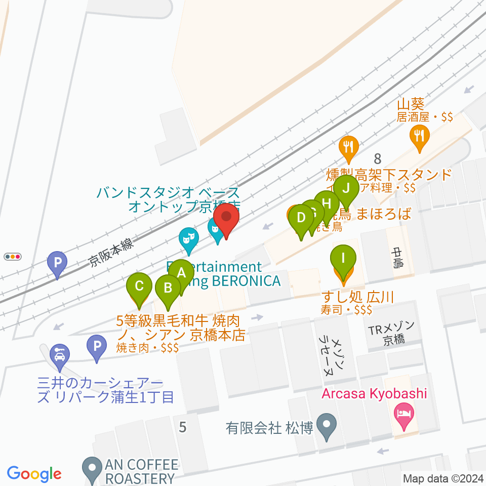 ベースオントップ京橋店周辺のファミレス・ファーストフード一覧地図