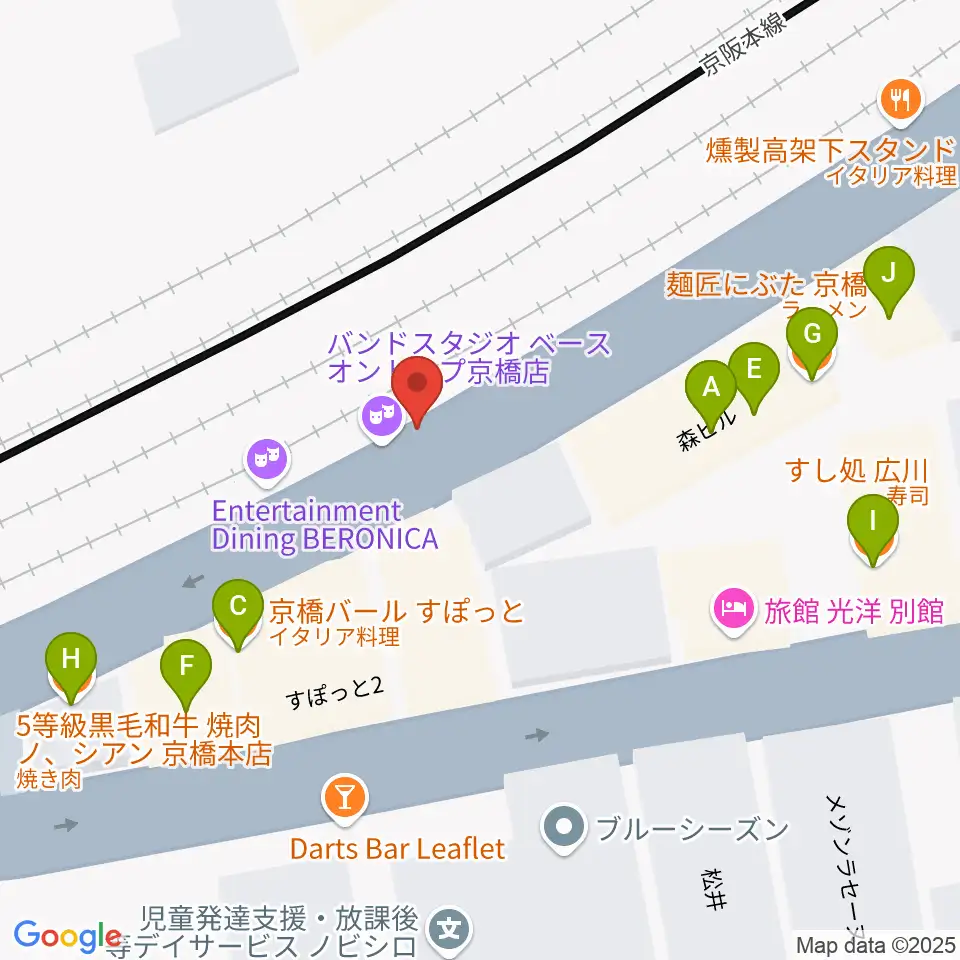 ベースオントップ京橋店周辺のファミレス・ファーストフード一覧地図