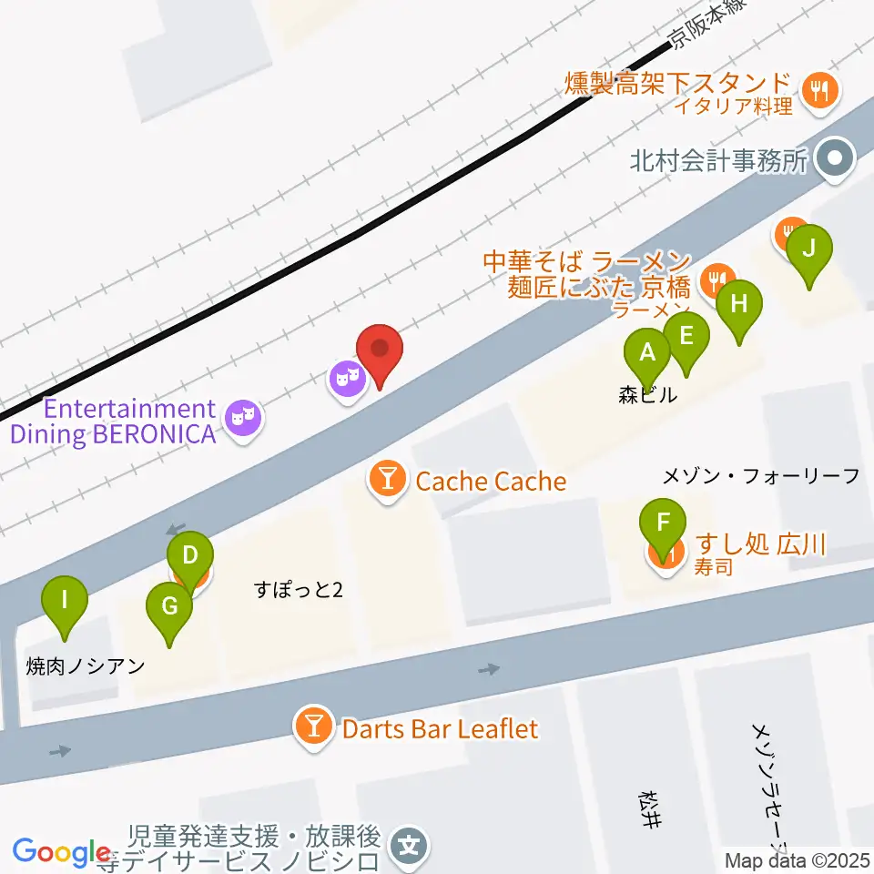 ベースオントップ京橋店周辺のファミレス・ファーストフード一覧地図