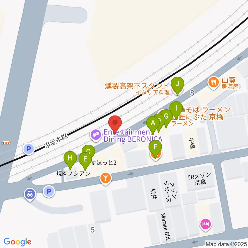 ベースオントップ京橋店周辺のファミレス・ファーストフード一覧地図