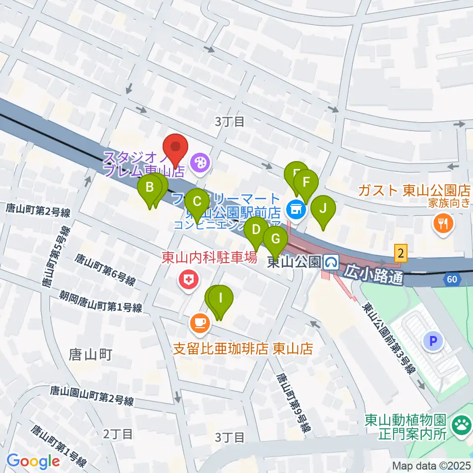 日響楽器 防音プロショップ東山周辺のファミレス・ファーストフード一覧地図