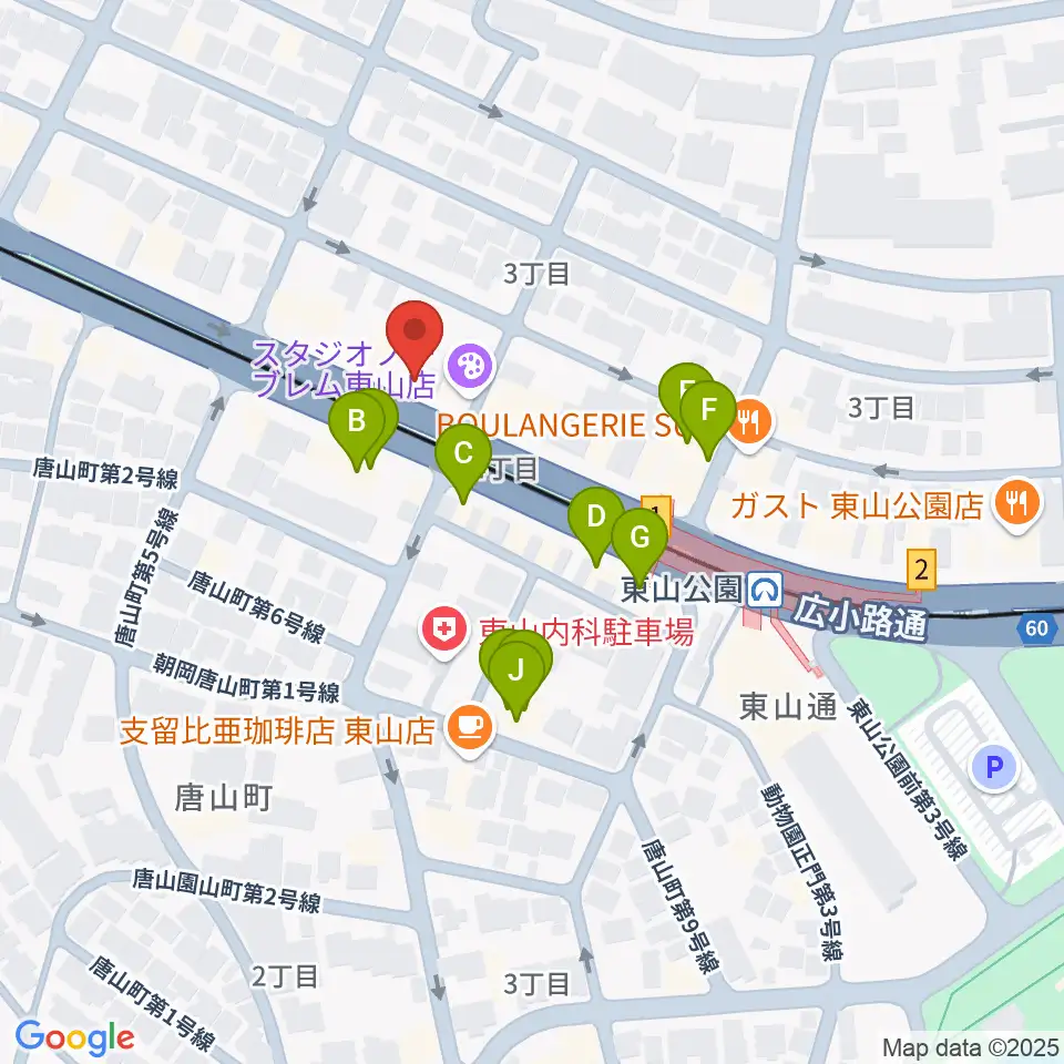 日響楽器 防音プロショップ東山周辺のファミレス・ファーストフード一覧地図
