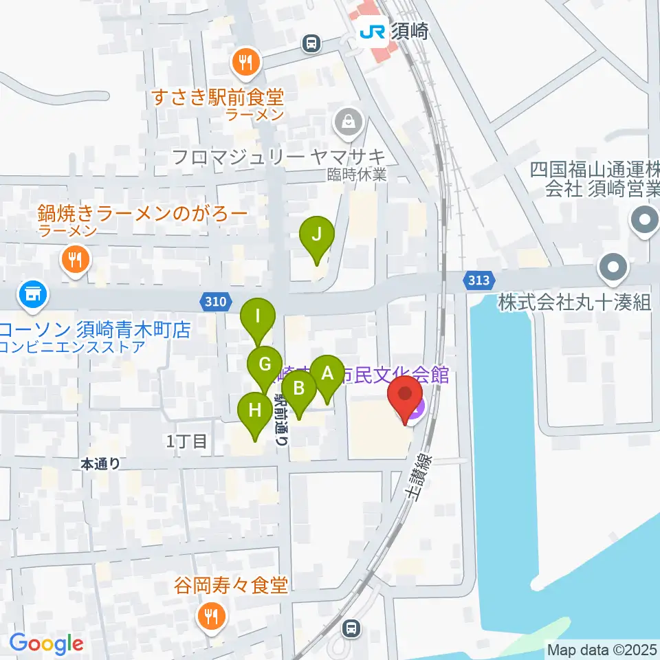 須崎市立市民文化会館周辺のファミレス・ファーストフード一覧地図