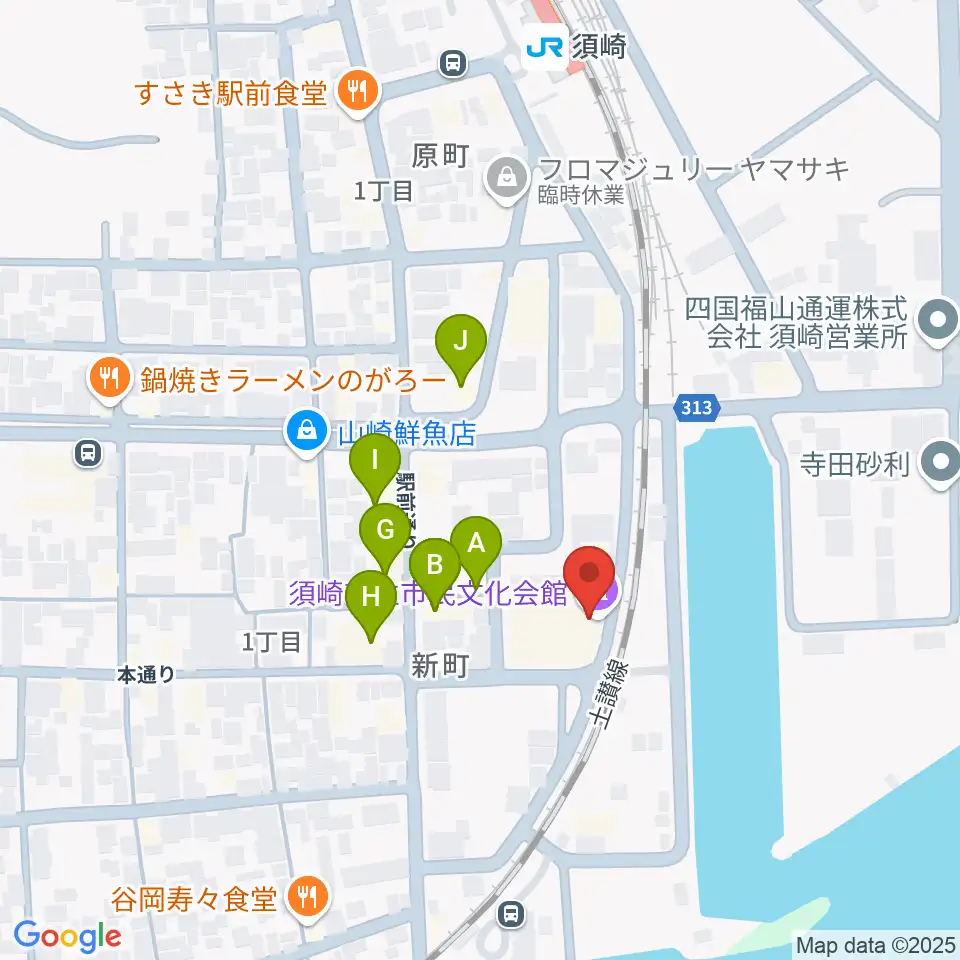 須崎市立市民文化会館周辺のファミレス・ファーストフード一覧地図